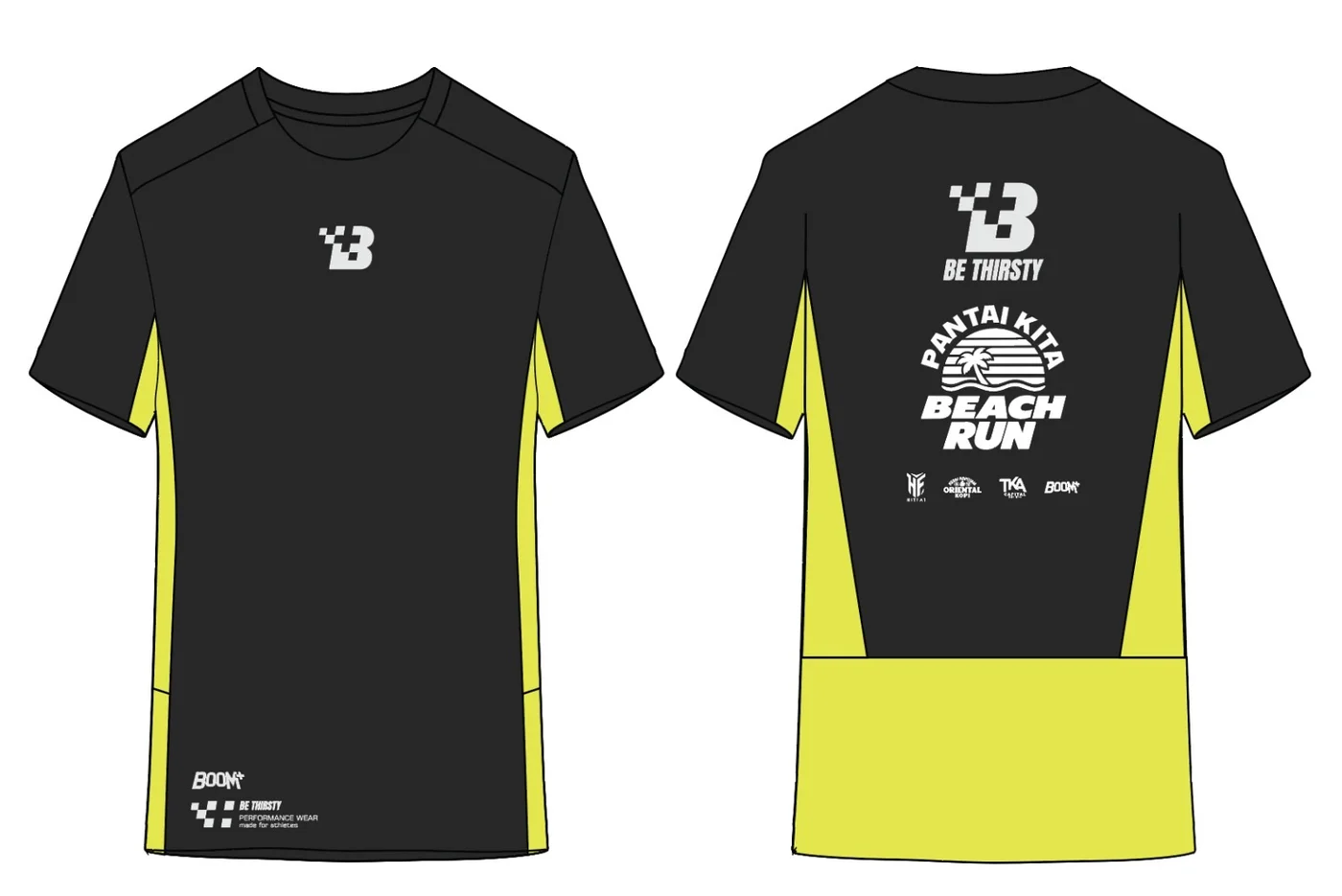 Jersey Boom+ varian hitam dan hijau neon, depan dan belakang