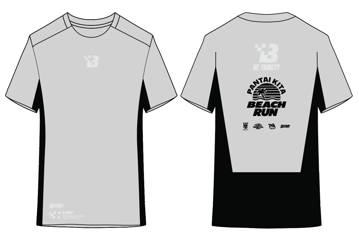 Jersey Boom+ varian kelabu dan hitam, depan dan belakang