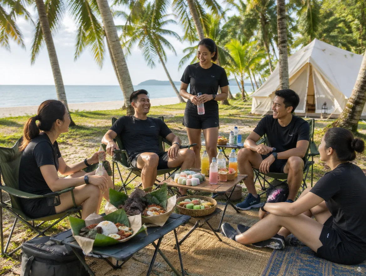 Kawasan santai dengan kerusi lipat dan makanan