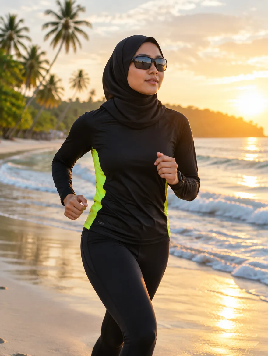 Pelari wanita bertudung di tepi pantai