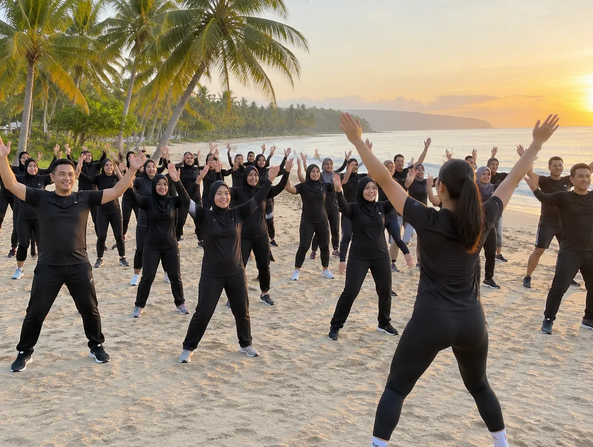 Senam pagi beramai-ramai di pantai
