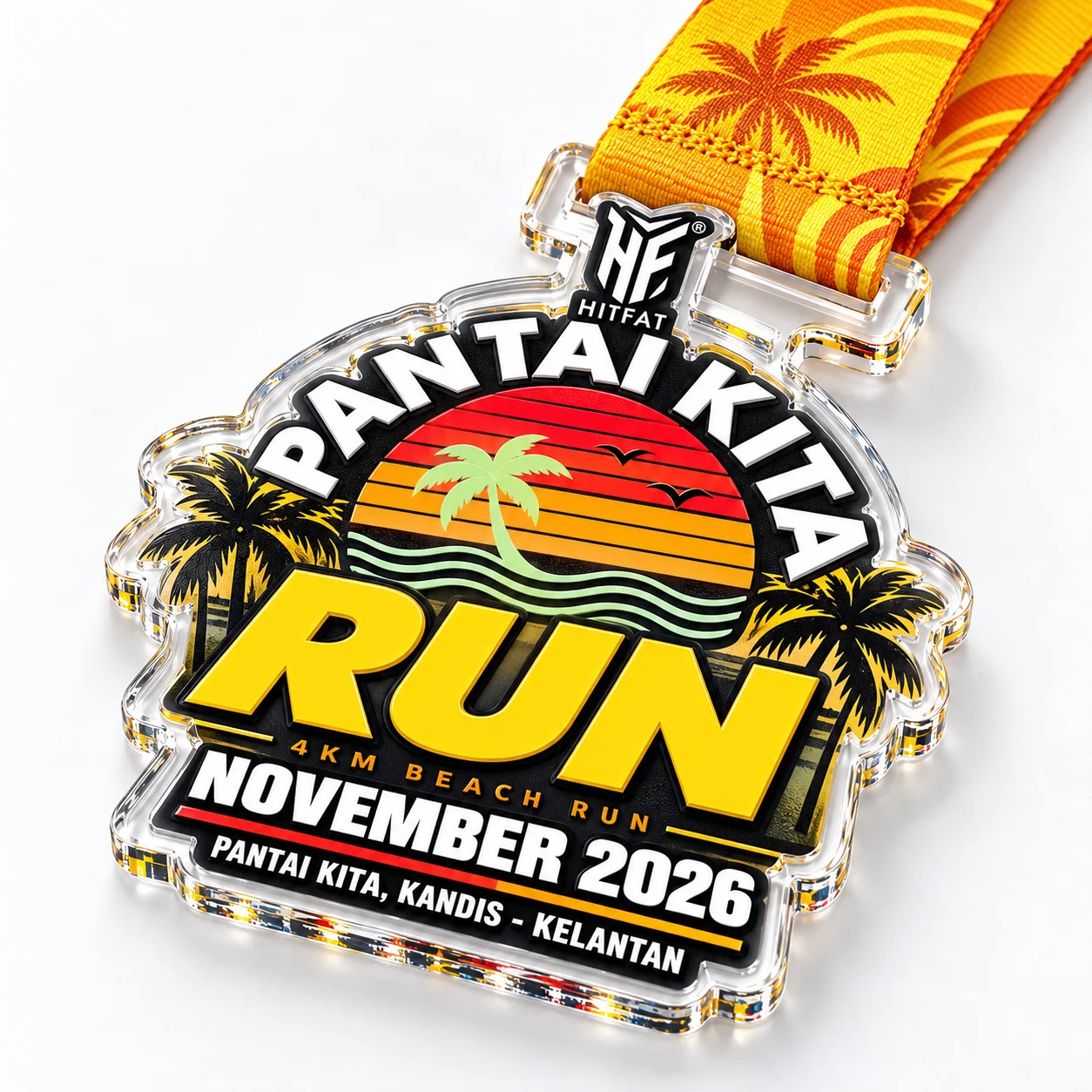 Finisher medal akrilik Pantai Kita Run dengan reben corak pokok kelapa