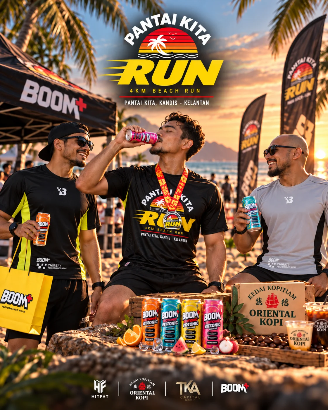 Poster Pantai Kita Run 2026: pelari berjersi Boom+ dengan finisher medal di pantai, bersama minuman Boom+ dan Oriental Kopi